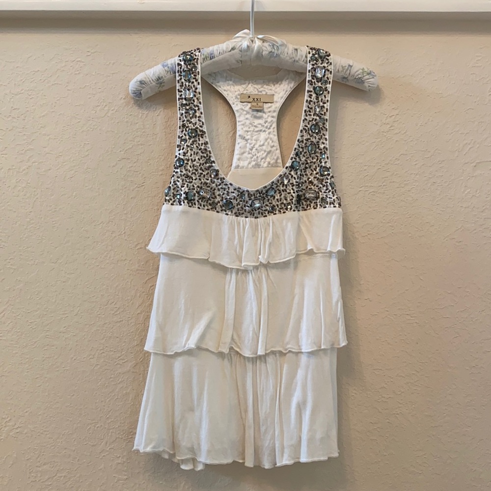Bling jewel embellished racerback ruffle tank